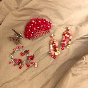bundle pearl pink earring set, bracelet, hair clip, flower hair comb